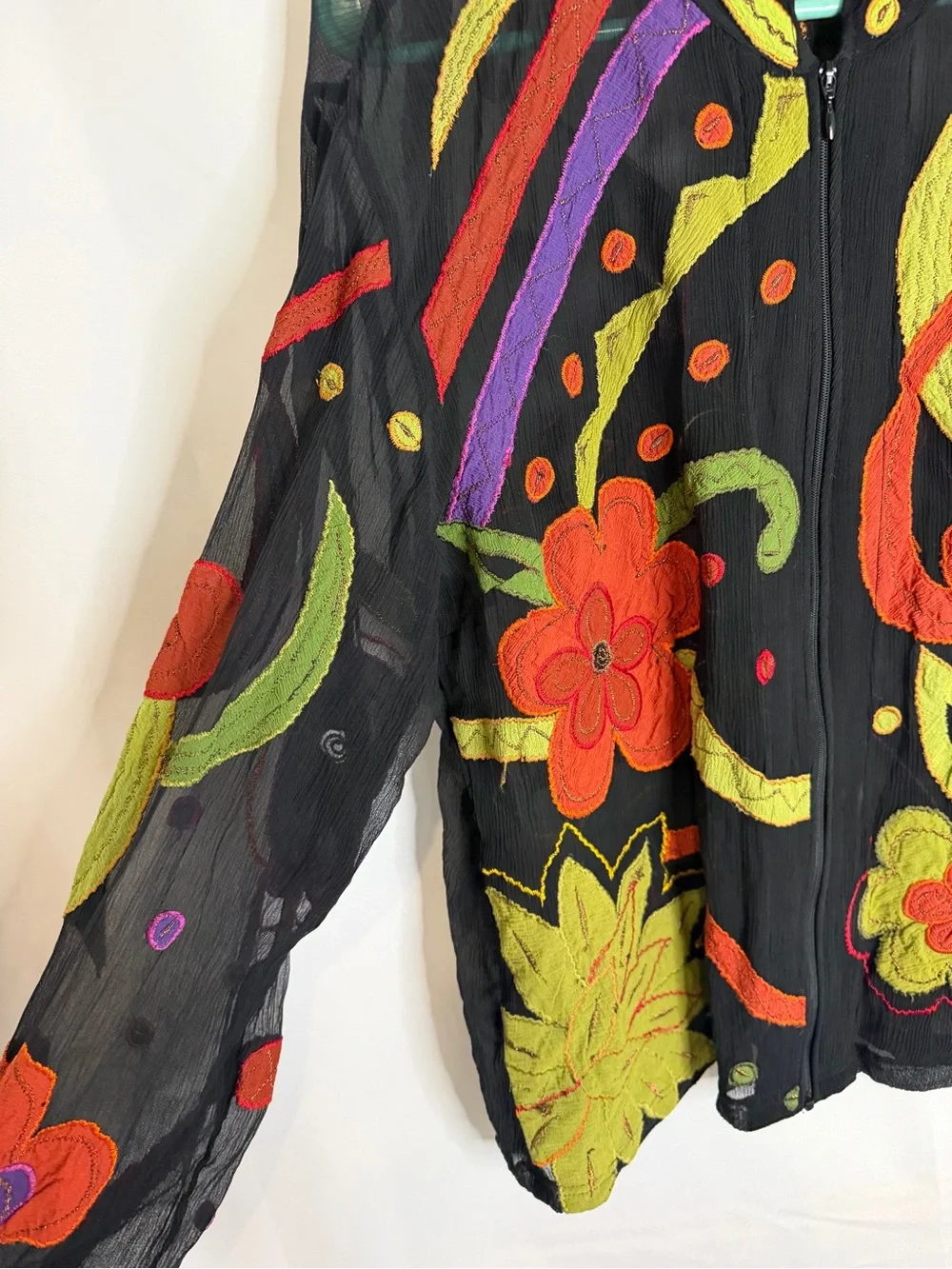 Chico's Silk Sheer Black Floral Embroidered Jacket / Full Zip Top - Picture 4 of 5